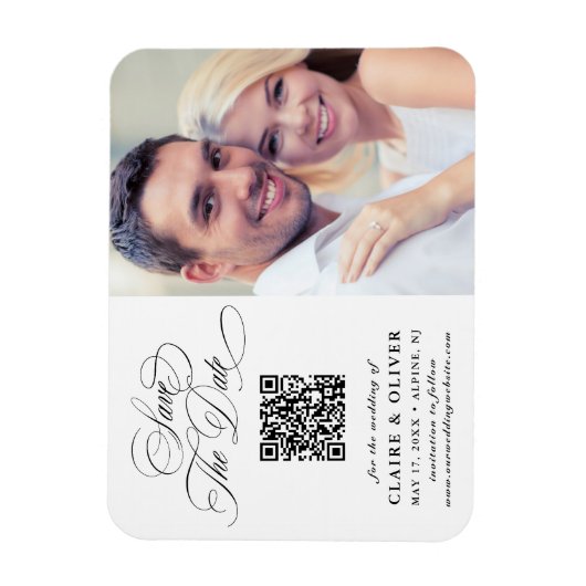 Romantische Kalligrafie QR Code Save the Date Foto Magneet (Verticaal)