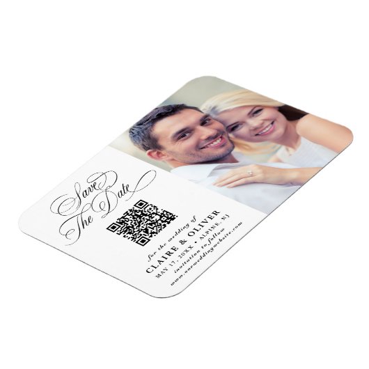 Romantische Kalligrafie QR Code Save the Date Foto Magneet (Linkerzijde)