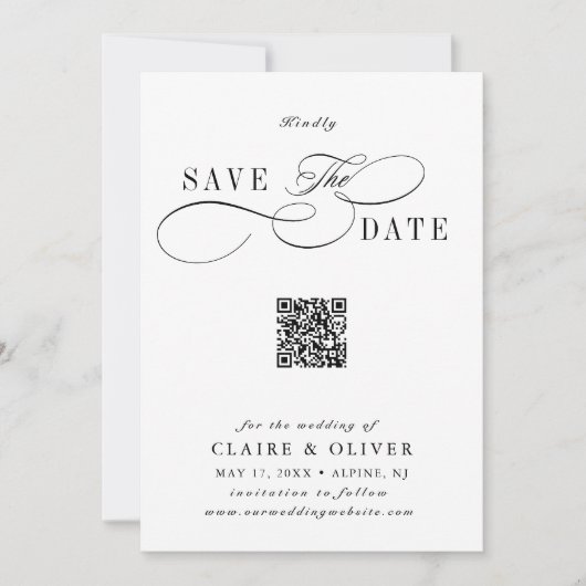 Romantische kalligrafie QR-code verticaal Save The Date (Voorkant)