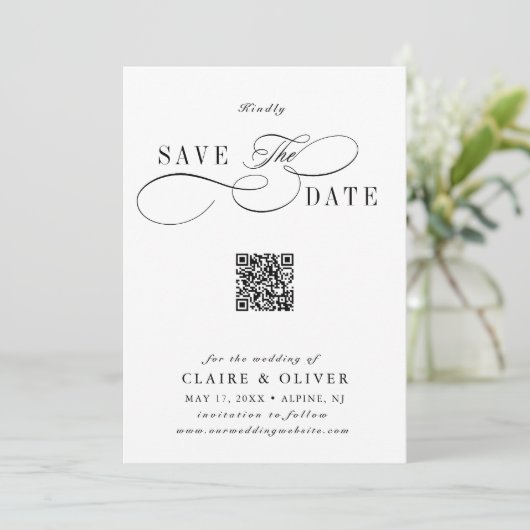 Romantische kalligrafie QR-code verticaal Save The Date (Staand voorkant)