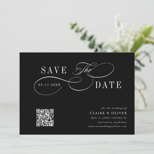 Romantische Kalligrafie QR Code Zwart Horizontaal Save The Date (Staand voorkant)