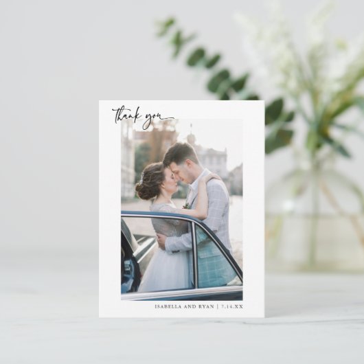 Romantische kalligrafie script bruiloft foto dank  briefkaart (Staand voorkant)