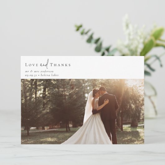 Romantische kalligrafie script foto bruiloft bedankkaart (Staand voorkant)