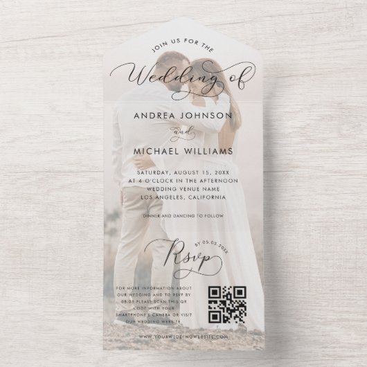 Romantische kalligrafie Script Foto QR Code Bruilo All In One Uitnodiging (Binnen)
