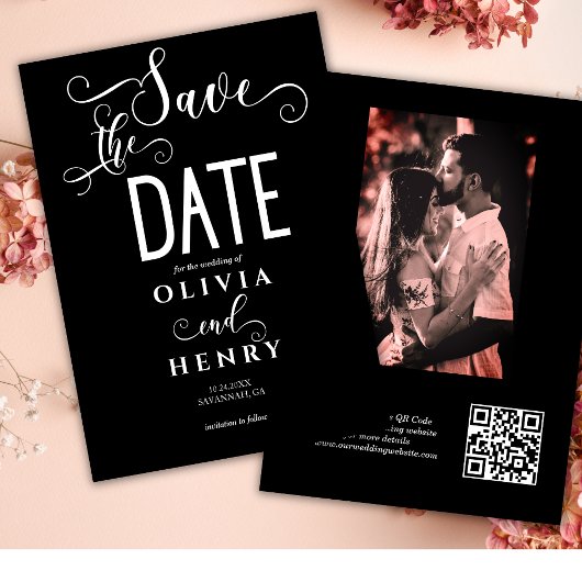Romantische kalligrafie Script Zwart Foto QR Code Save The Date