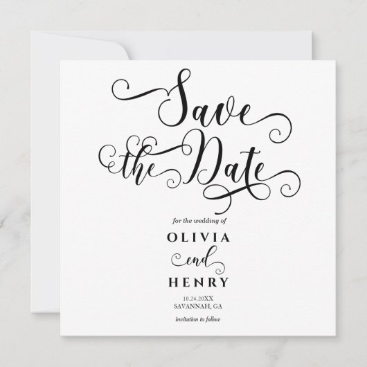 Romantische kalligrafie Script Zwart-wit Save The Date (Voorkant)