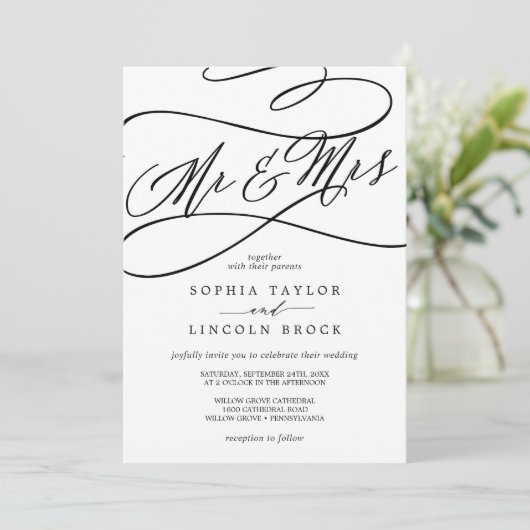 Romantische kalligrafie | Vlourish Mr & Mrs Weddin Kaart (Staand voorkant)