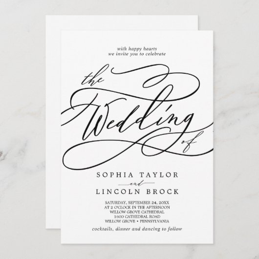 Romantische kalligrafie | Vouw alles op één bruilo Kaart (Voorkant / Achterkant)