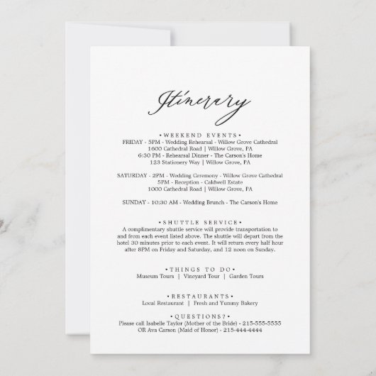 Romantische kalligrafie Welkomstbrief & reisroute (Achterkant)