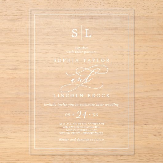 Romantische kalligrafie White Boho Monogram Huweli Acryl Uitnodigingen (Voorkant)