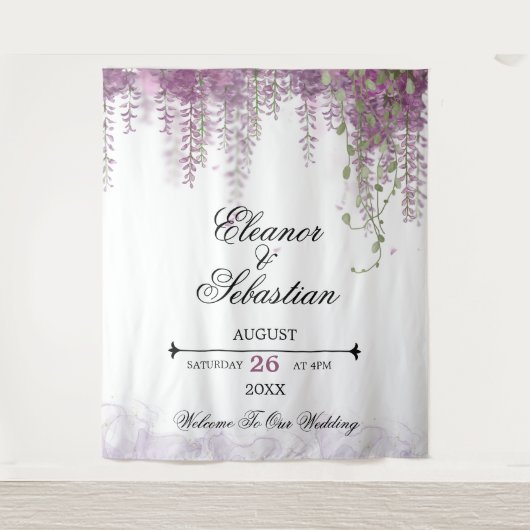 Romantische kalligrafie Wisteria Paarse Bruiloft Wandkleed (Voorkant)