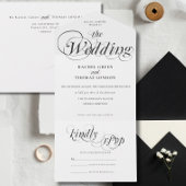 Romantische kalligrafie zwart wit bruiloft all in one uitnodiging