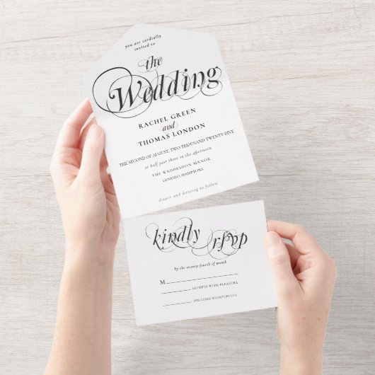 Romantische kalligrafie zwart wit bruiloft all in one uitnodiging (Afscheurbaar)