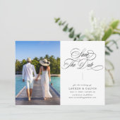 Romantische kalligrafie zwart-wit foto save the date (Staand voorkant)