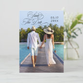 Romantische kalligrafie zwart-wit foto save the date (Staand voorkant)