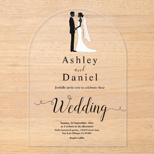 Romantische kalligrafie Zwart-wit klassieke bruilo Acryl Uitnodigingen (Voorkant)