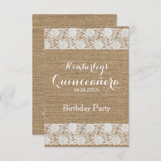 Romantische kant en burlap Quinceañera Uitnodiging (Voorkant / Achterkant)
