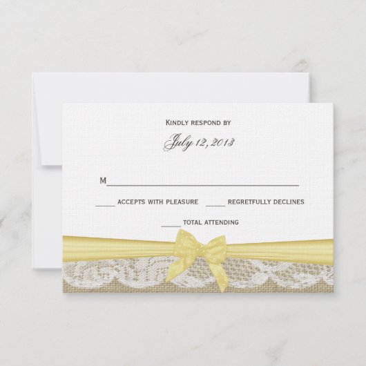 Romantische kant en gele Bow-respons RSVP Kaartje (Voorkant)