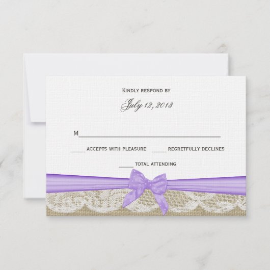 Romantische kant en Paarse Bow-respons RSVP Kaartje (Voorkant)