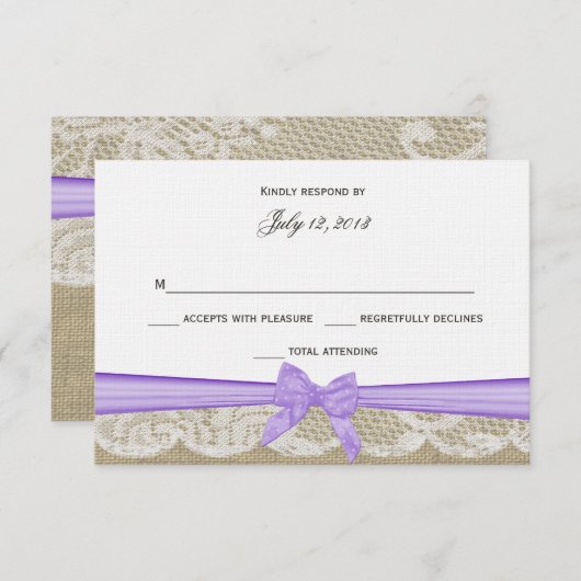 Romantische kant en Paarse Bow-respons RSVP Kaartje (Voorkant / Achterkant)