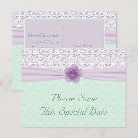 Romantische kant Lavendel Bloem Mint Groen Opslaan Aankondigingskaart (Voorkant / Achterkant)