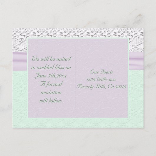 Romantische kant Lavendel Bloem Mint Groen Opslaan Aankondigingskaart (Achterkant)