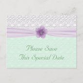 Romantische kant Lavendel Bloem Mint Groen Opslaan Aankondigingskaart (Voorkant)