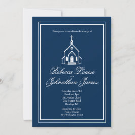 Romantische kapel marineblauw witte kerk bruiloft kaart