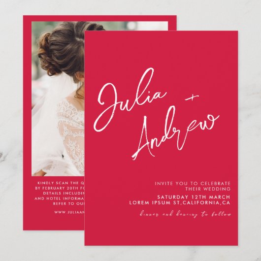 Romantische karmozijnrode QR Code Foto Bruiloft Kaart (Voorkant / Achterkant)