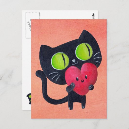 Romantische kat knuffelend rood kuthart briefkaart (Voorkant / Achterkant)