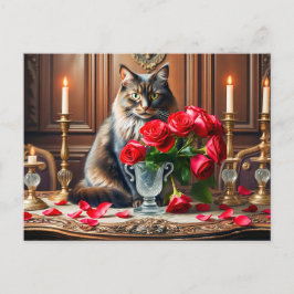 Romantische kat met Rose Bouquets Briefkaart