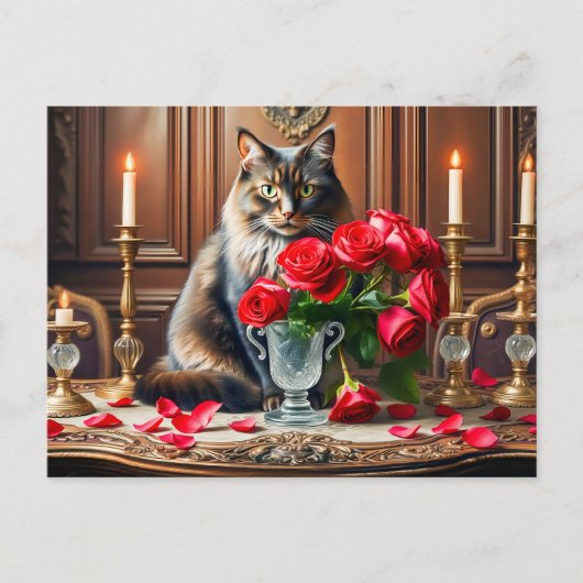 Romantische kat met Rose Bouquets Briefkaart (Voorkant)
