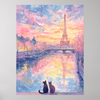 Romantische katten in Parijs bij zonsondergang – A Poster