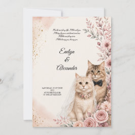 Romantische kattenbruiloft met roze rozen waterver kaart