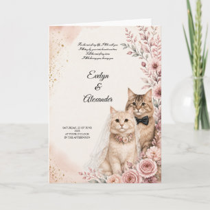 Romantische kattenbruiloft met roze rozen waterver kaart