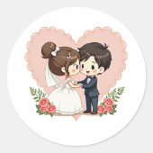 Romantische Kawaii Retro bruiloft – Chibi Art Ronde Sticker (Voorkant)