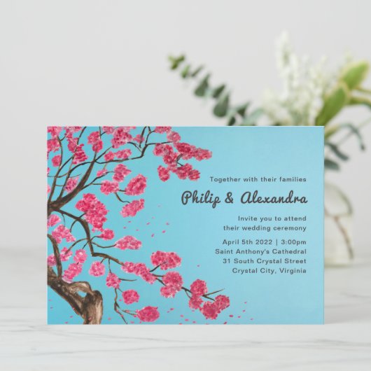 Romantische kersenbloesem bruiloft uitnodiging (Staand voorkant)