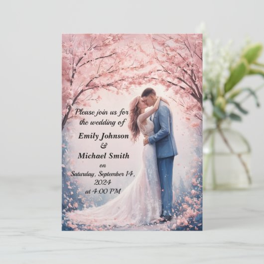 Romantische kersenbloesem bruiloft uitnodiging (Staand voorkant)