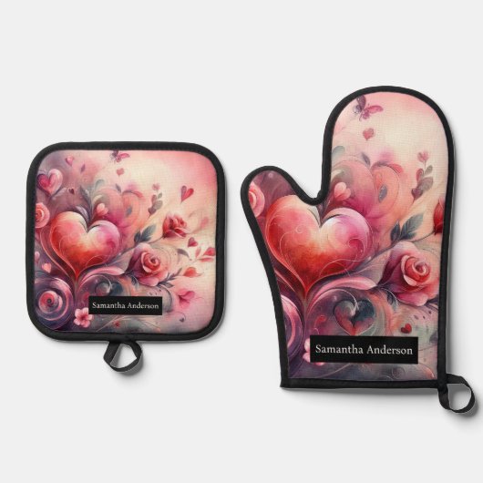 Romantische keuken: Abstracte harten Ovenwant & Pannenlap Set (Voorkant)