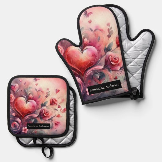 Romantische keuken: Abstracte harten Ovenwant & Pannenlap Set (Voorkant / Achterkant)