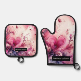 Romantische keuken: Abstracte harten Ovenwant & Pannenlap Set