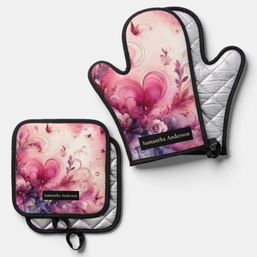 Romantische keuken: Abstracte harten Ovenwant & Pannenlap Set (Voorkant / Achterkant)