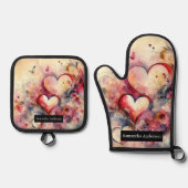 Romantische keuken: Abstracte harten Ovenwant & Pannenlap Set (Voorkant)