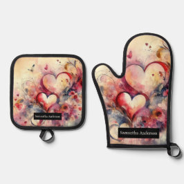 Romantische keuken: Abstracte harten Ovenwant & Pannenlap Set