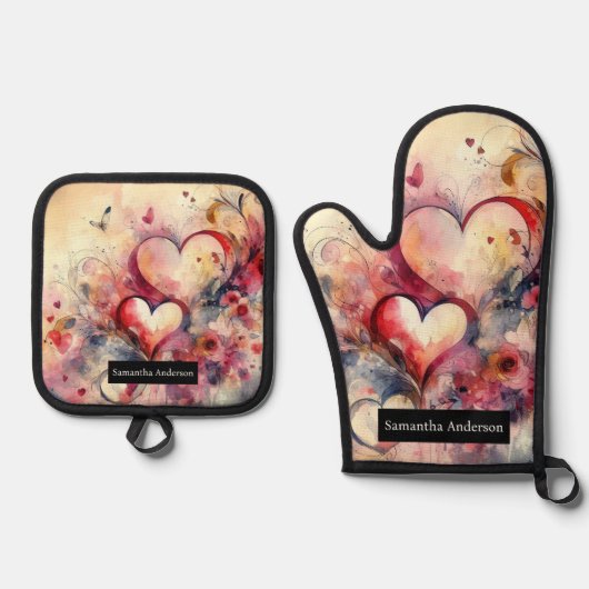 Romantische keuken: Abstracte harten Ovenwant & Pannenlap Set (Voorkant)
