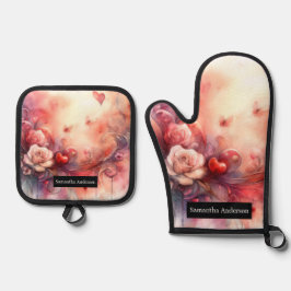 Romantische keuken: Abstracte harten Ovenwant & Pannenlap Set