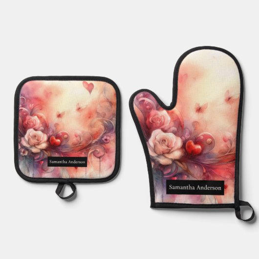 Romantische keuken: Abstracte harten Ovenwant & Pannenlap Set (Voorkant)