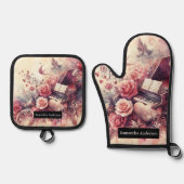 Romantische keuken: Abstracte harten pianomuziek Ovenwant & Pannenlap Set (Voorkant)