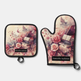 Romantische keuken: Abstracte harten pianomuziek Ovenwant & Pannenlap Set