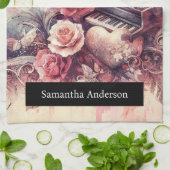 Romantische keuken: Abstracte harten pianomuziek Theedoek (Gevouwen)